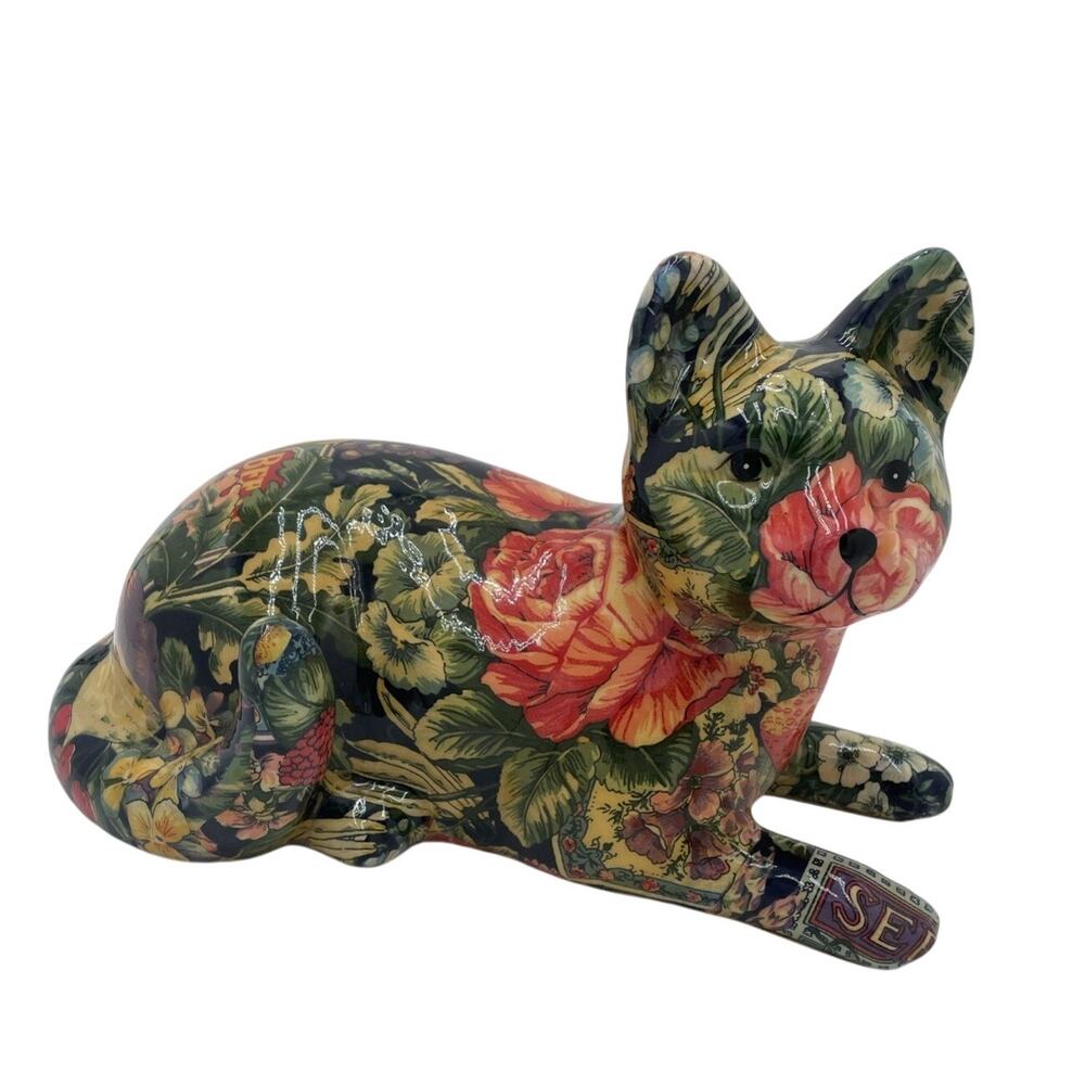 Vintage Decoupage Patchwork Ceramic Cat Figurine 13” Garden Plants Floral Kitten